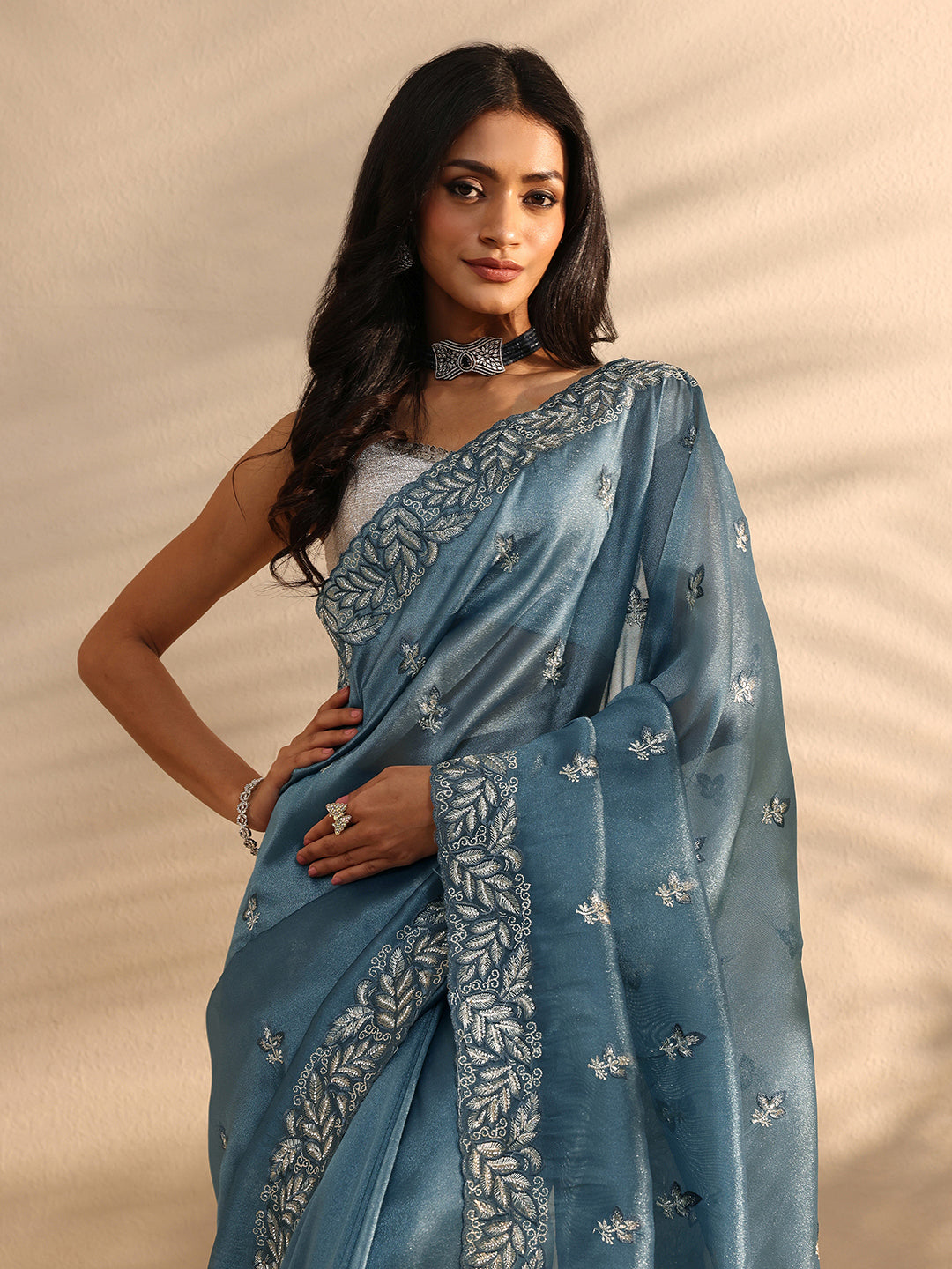  Blue Embroidered Silk Blend Saree 
With Unstitched Blouse Piece 