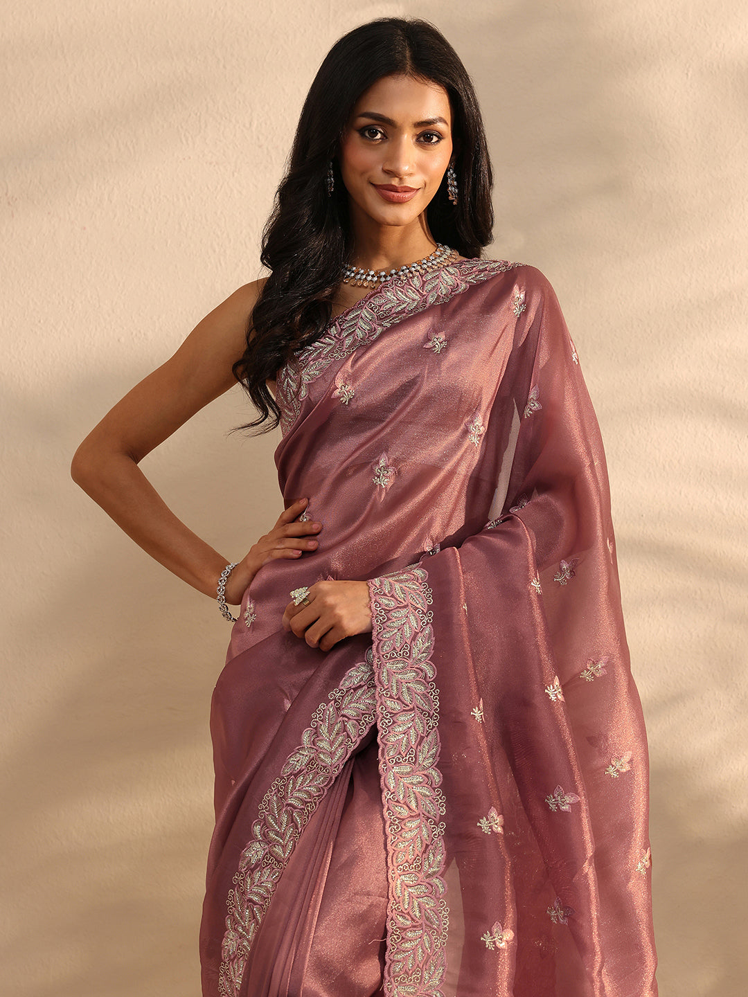  Taupe Embroidered Silk Blend Saree 
With Unstitched Blouse Piece 