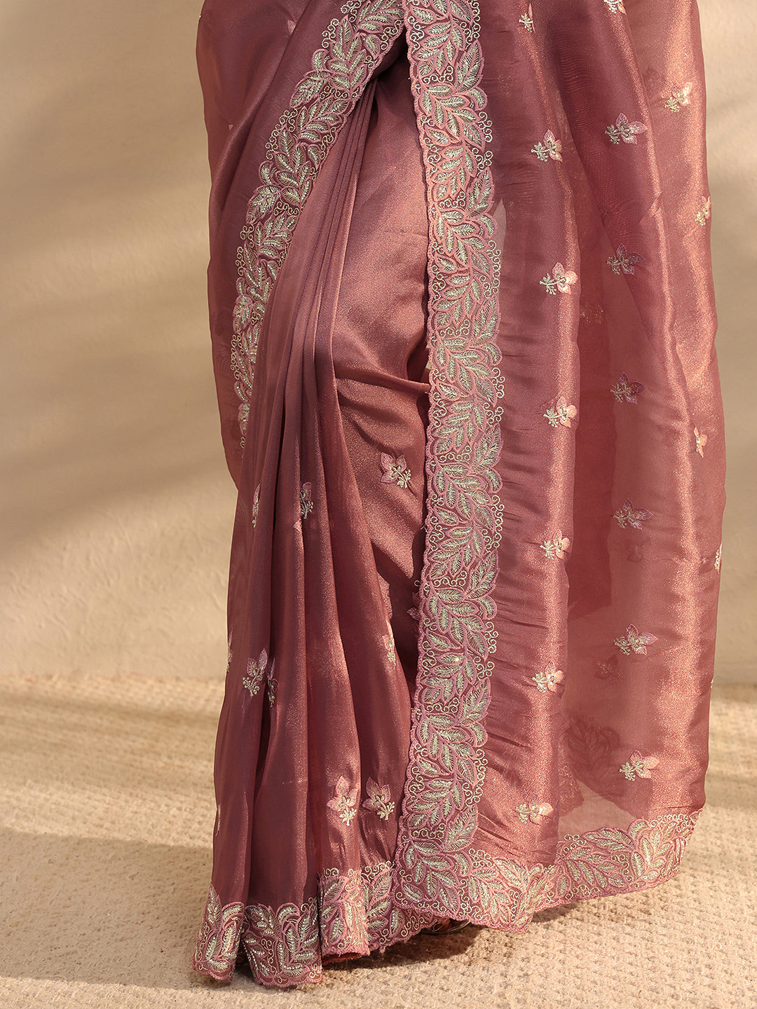  Taupe Embroidered Silk Blend Saree 
With Unstitched Blouse Piece 