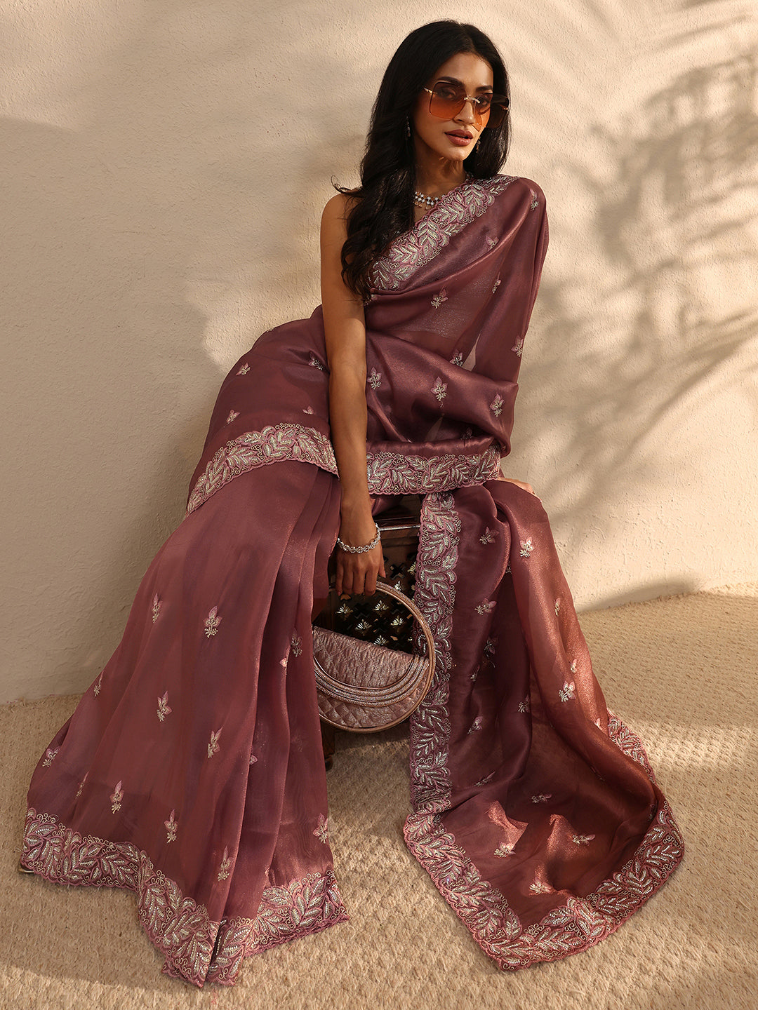Taupe Embroidered Silk Blend Saree 
With Unstitched Blouse Piece