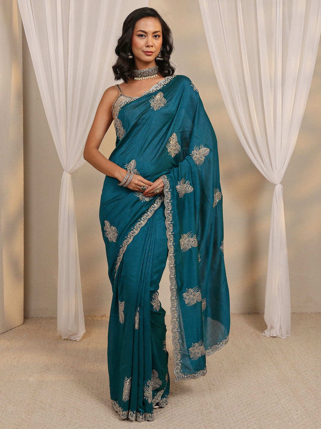  Blue Floral Embellished Silk Blend Saree With Unstitched Blouse Piece 