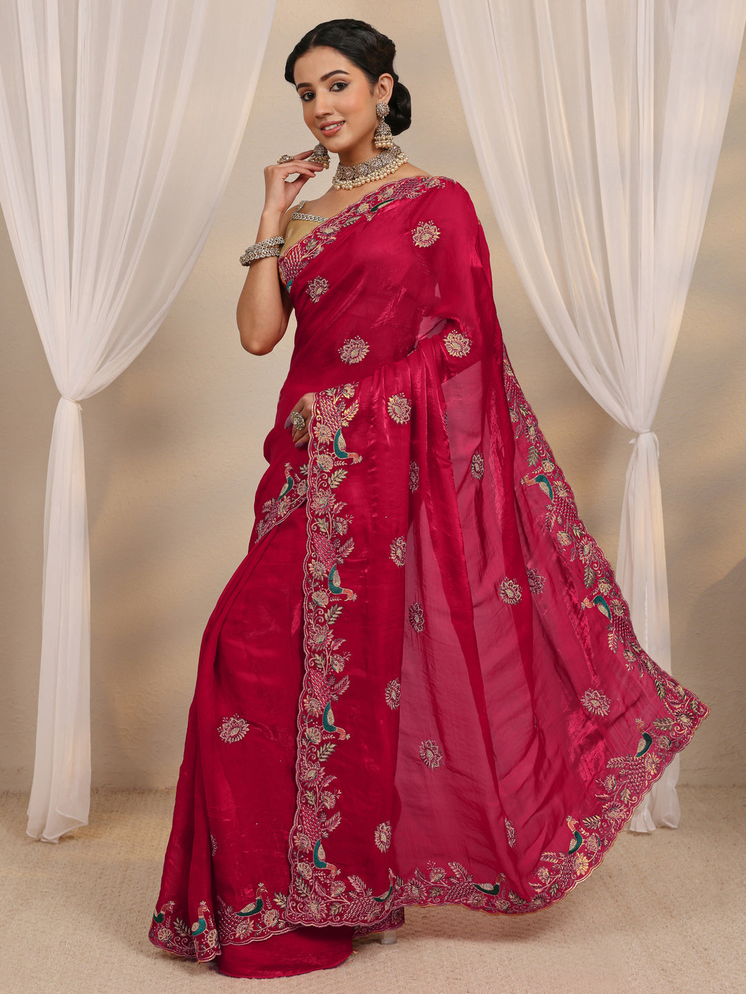  Red Floral Embellished Tissue Saree With Unstitched Blouse Piece 
