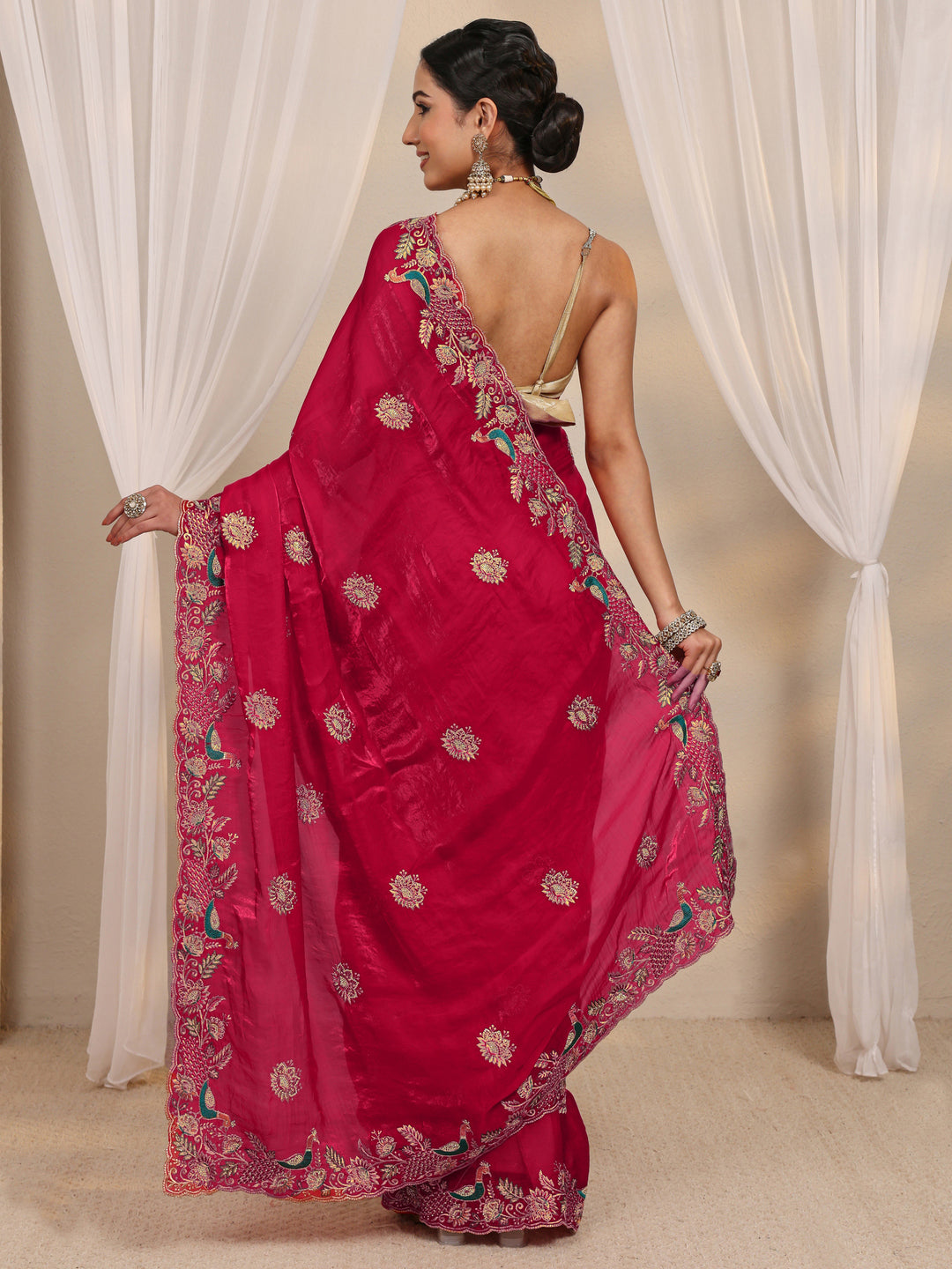  Red Floral Embellished Tissue Saree With Unstitched Blouse Piece 