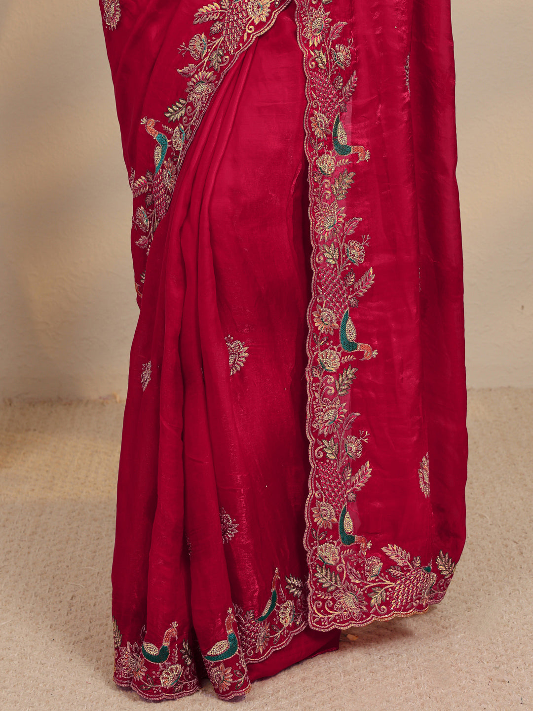  Red Floral Embellished Tissue Saree With Unstitched Blouse Piece 