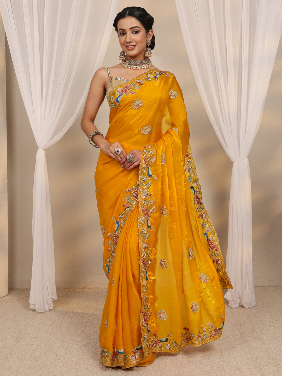  Mustard Ethnic Embroidered Tissue Saree With Unstitched Blouse Piece 