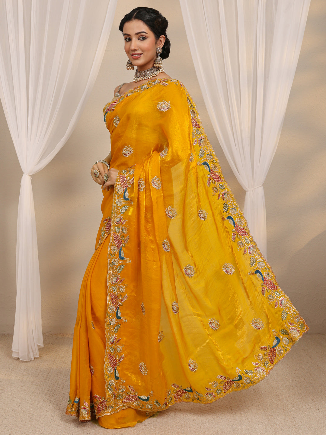  Mustard Ethnic Embroidered Tissue Saree With Unstitched Blouse Piece 