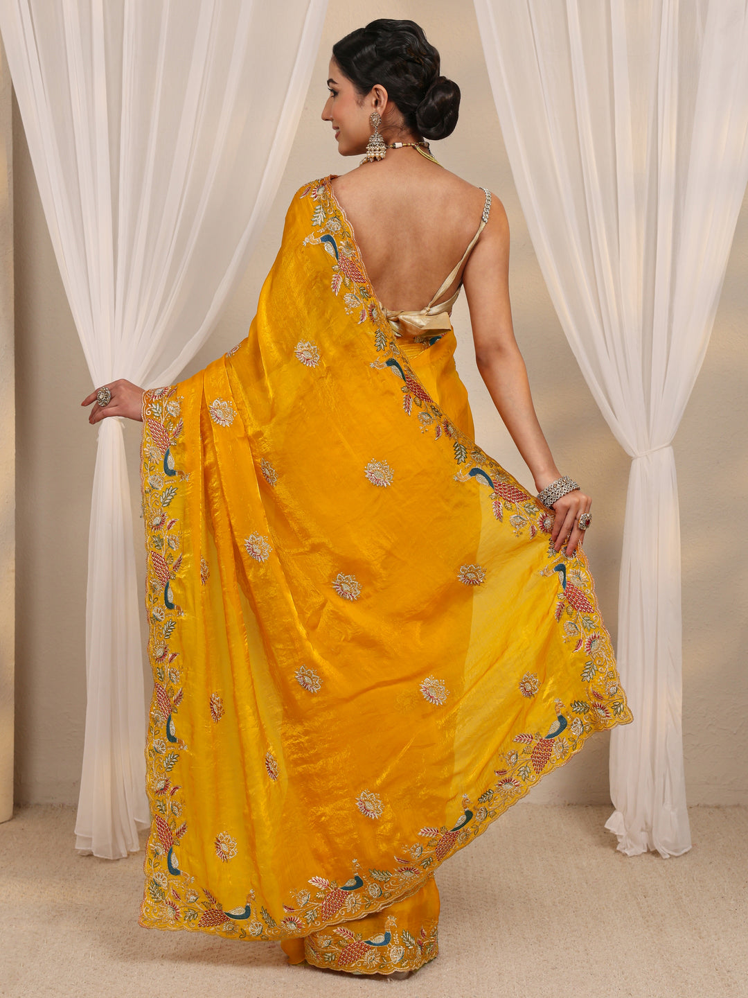  Mustard Ethnic Embroidered Tissue Saree With Unstitched Blouse Piece 
