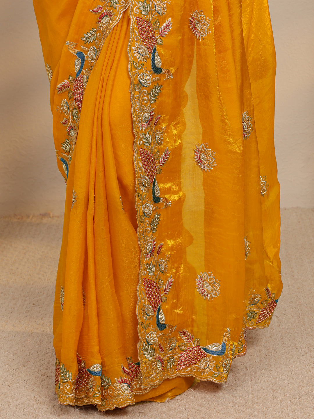  Mustard Ethnic Embroidered Tissue Saree With Unstitched Blouse Piece 