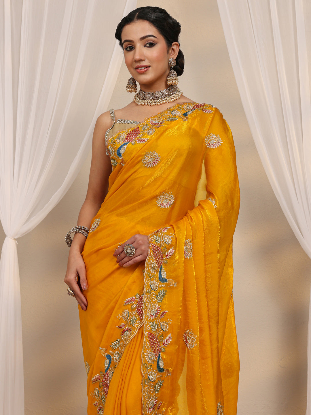  Mustard Ethnic Embroidered Tissue Saree With Unstitched Blouse Piece 