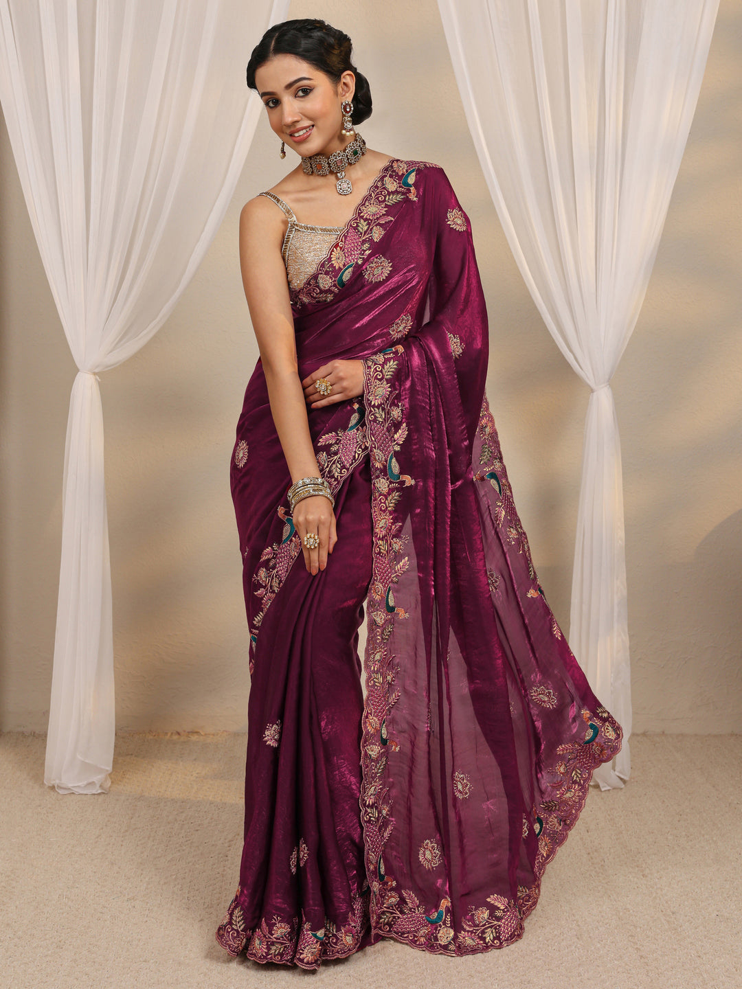  Wine Ethnic Embroidered Tissue Saree With Unstitched Blouse Piece 