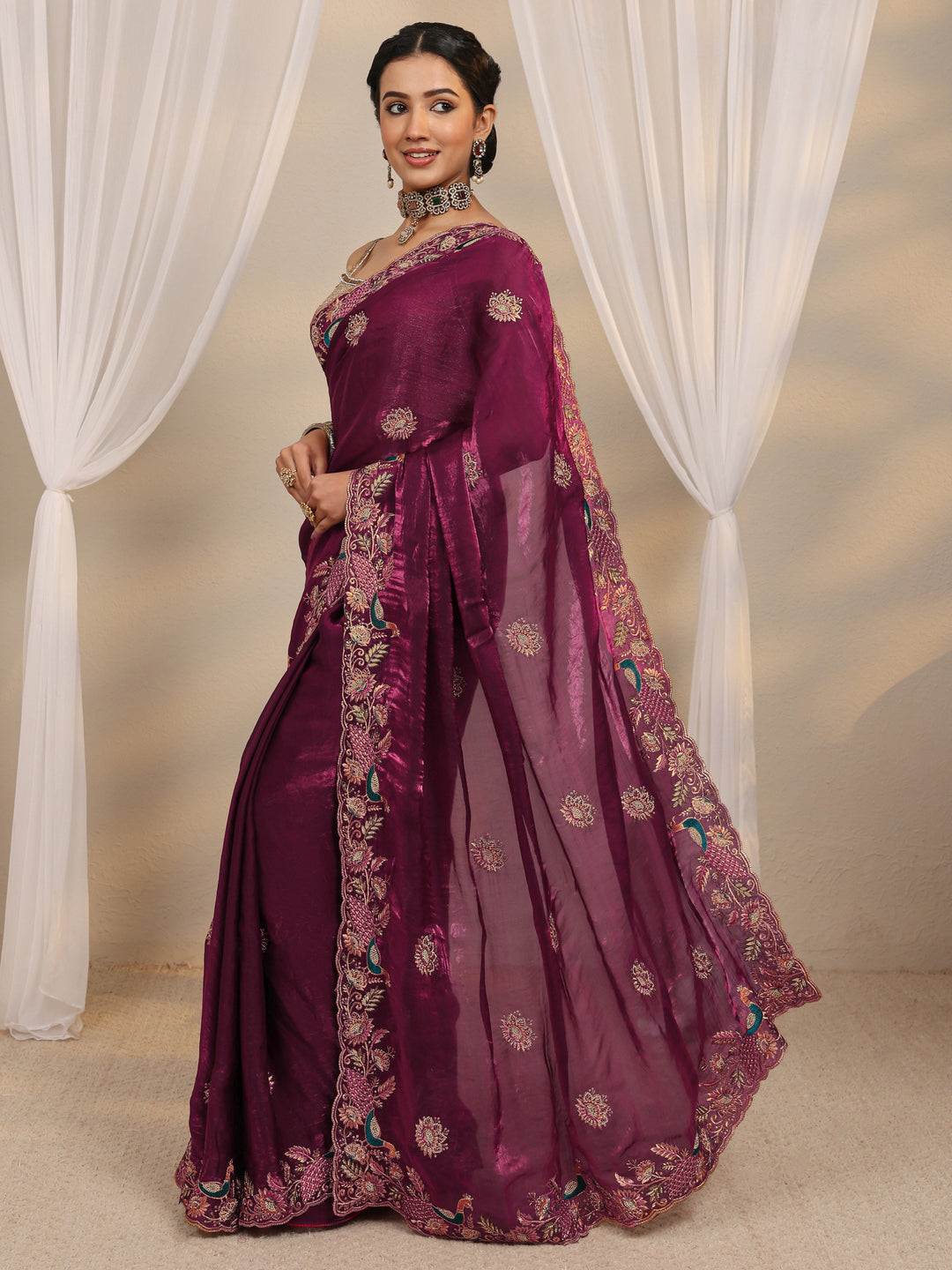 Wine Ethnic Embroidered Tissue Saree With Unstitched Blouse Piece 