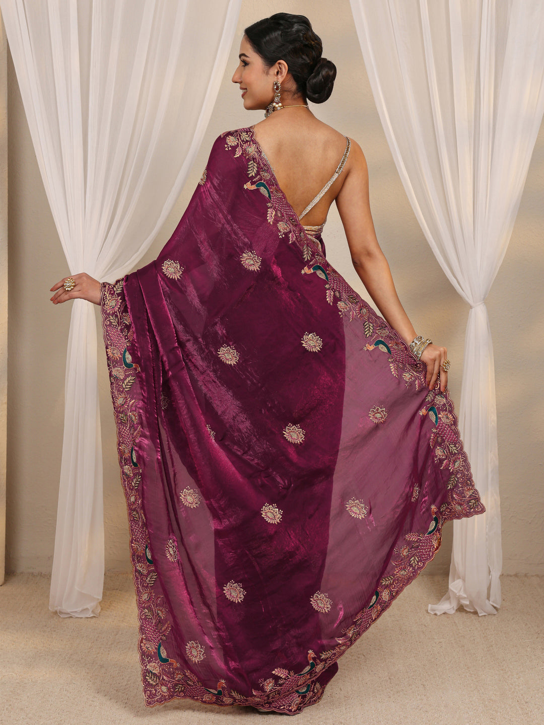  Wine Ethnic Embroidered Tissue Saree With Unstitched Blouse Piece 