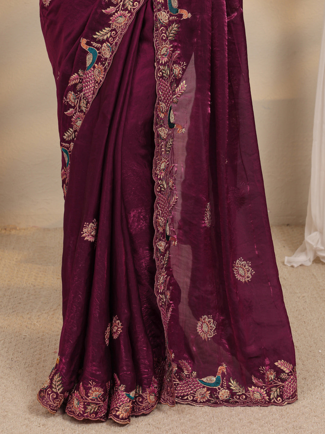  Wine Ethnic Embroidered Tissue Saree With Unstitched Blouse Piece 