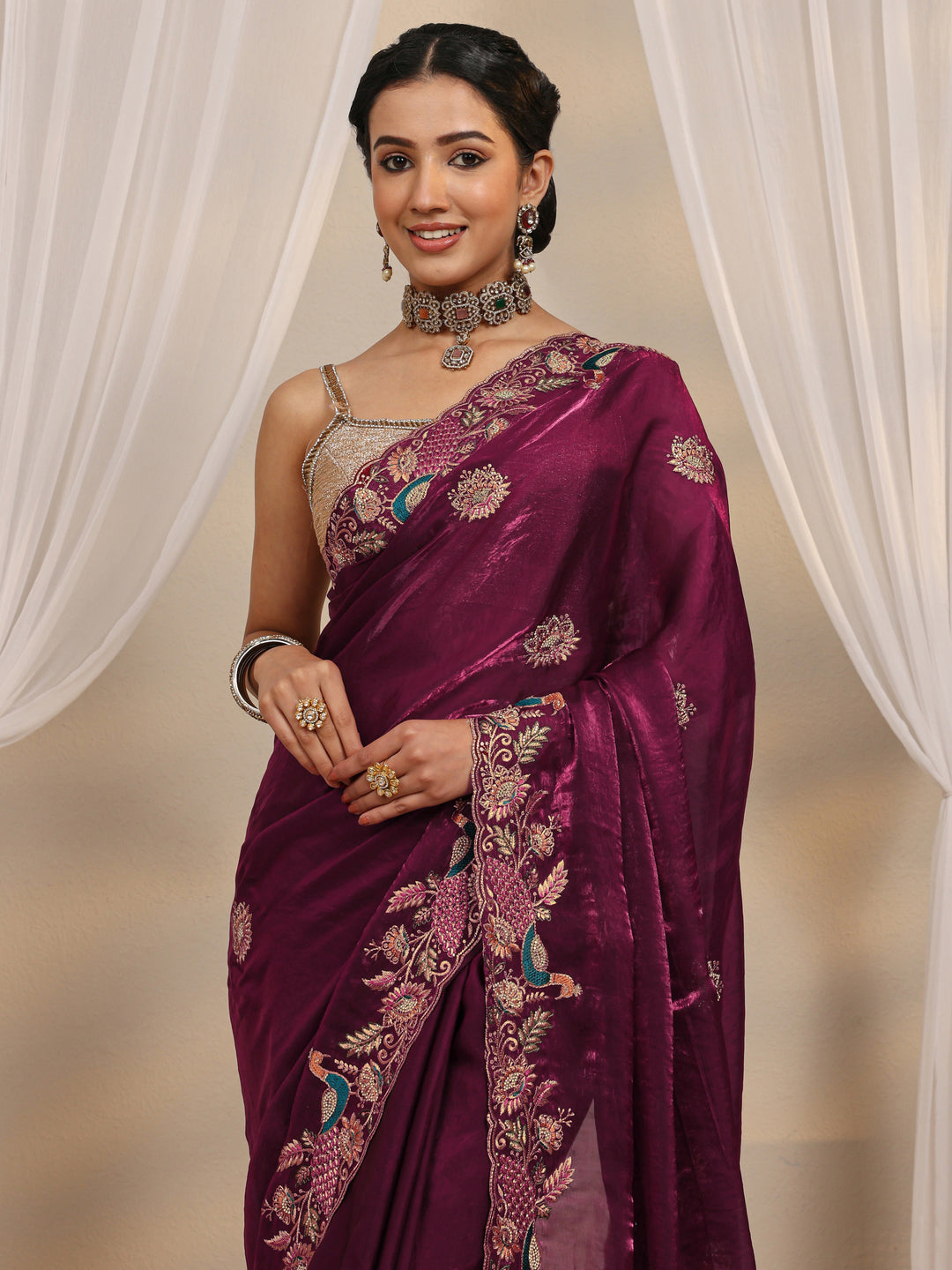 Wine Ethnic Embroidered Tissue Saree With Unstitched Blouse Piece 