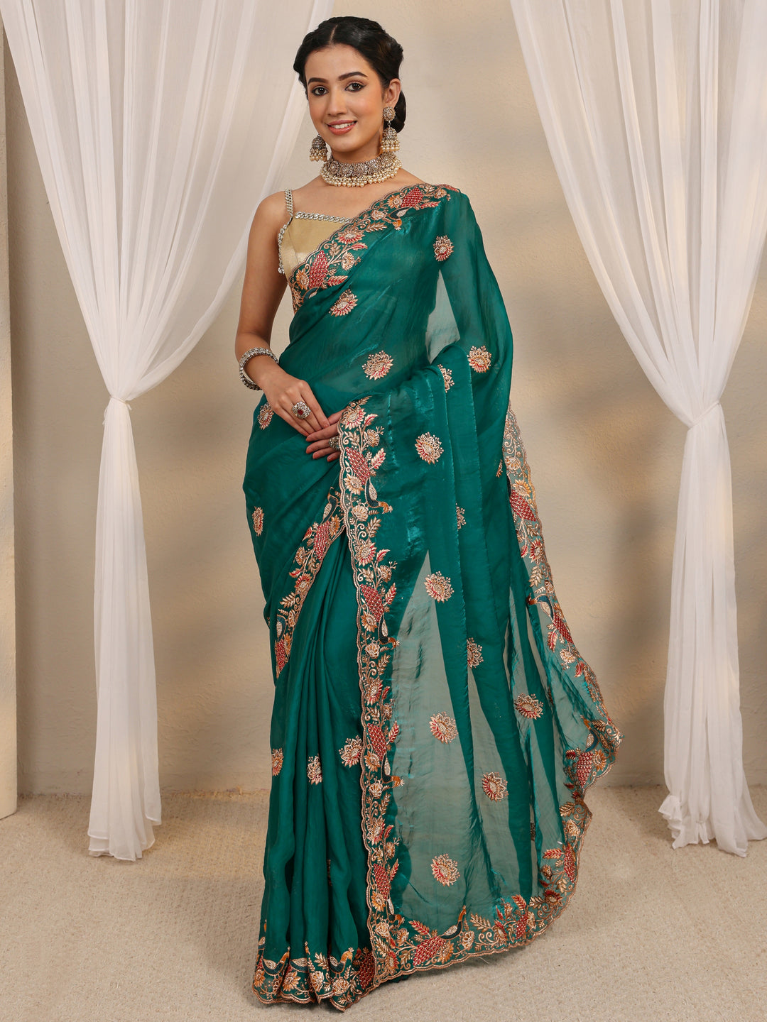  Green Ethnic Embroidered Tissue Saree With Unstitched Blouse Piece 
