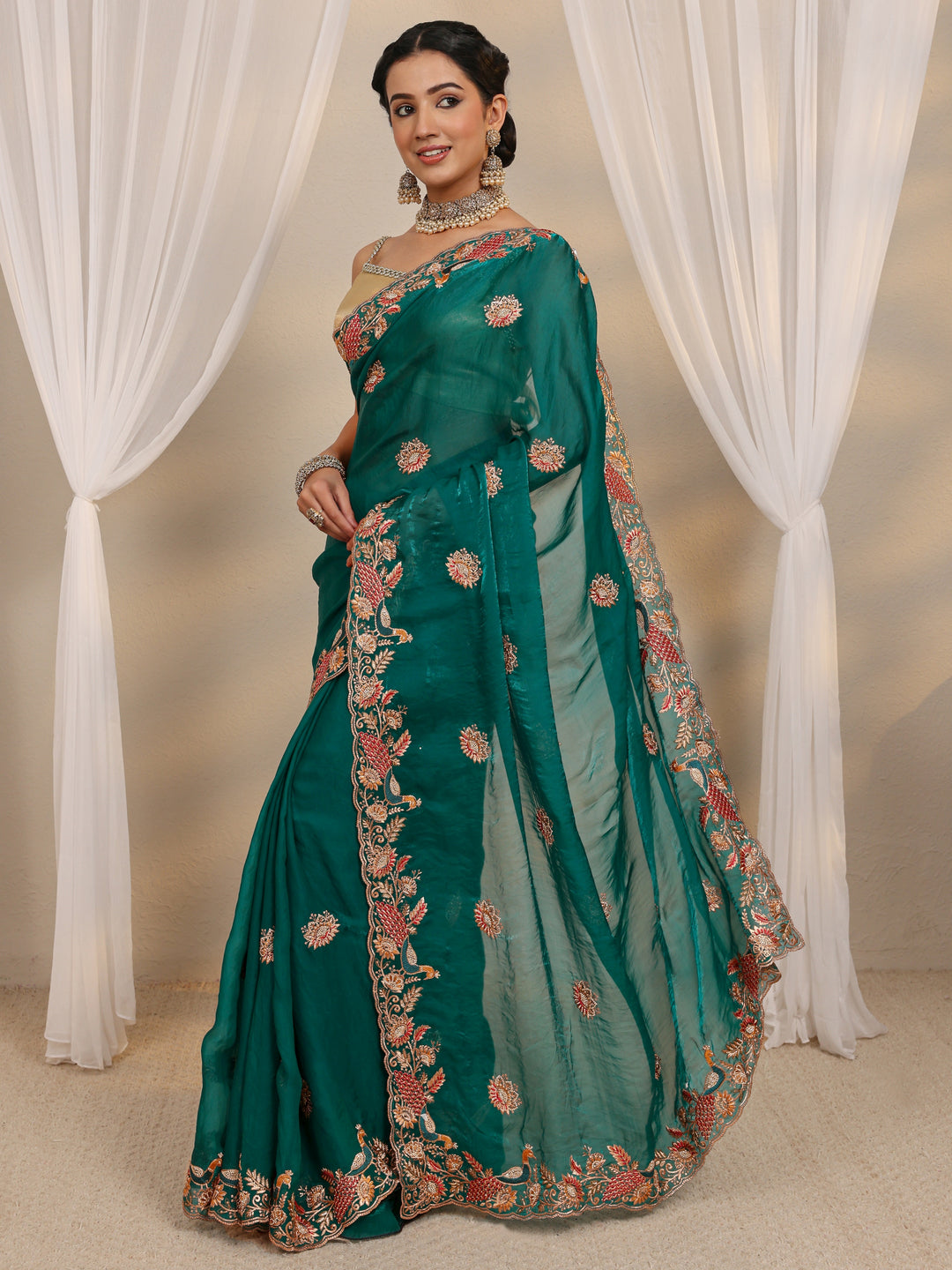  Green Ethnic Embroidered Tissue Saree With Unstitched Blouse Piece 