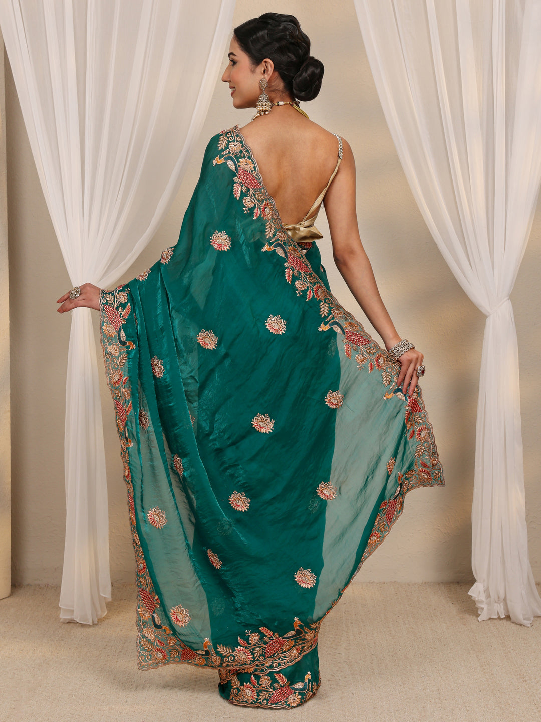 Green Ethnic Embroidered Tissue Saree With Unstitched Blouse Piece 
