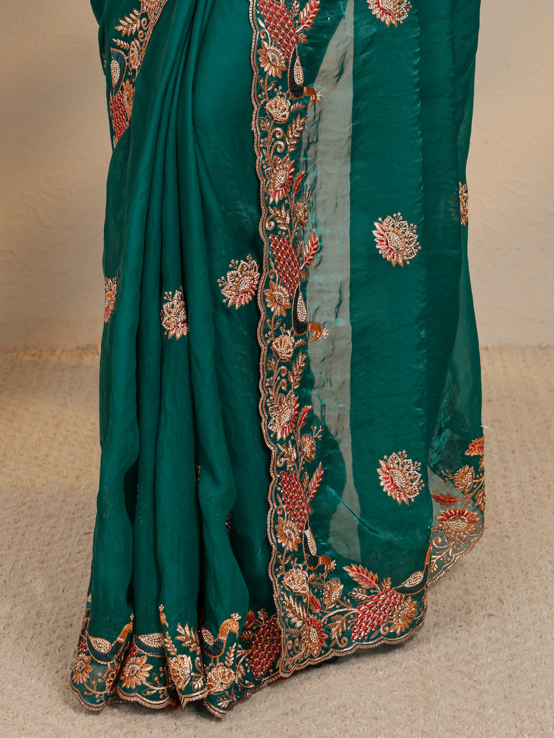  Green Ethnic Embroidered Tissue Saree With Unstitched Blouse Piece 
