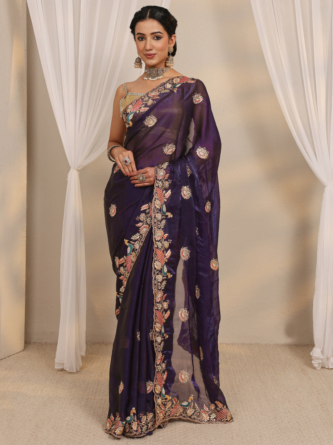  Purple Ethnic Embroidered Tissue Saree With Unstitched Blouse Piece 
