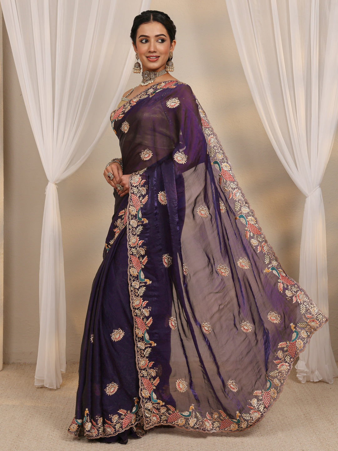  Purple Ethnic Embroidered Tissue Saree With Unstitched Blouse Piece 