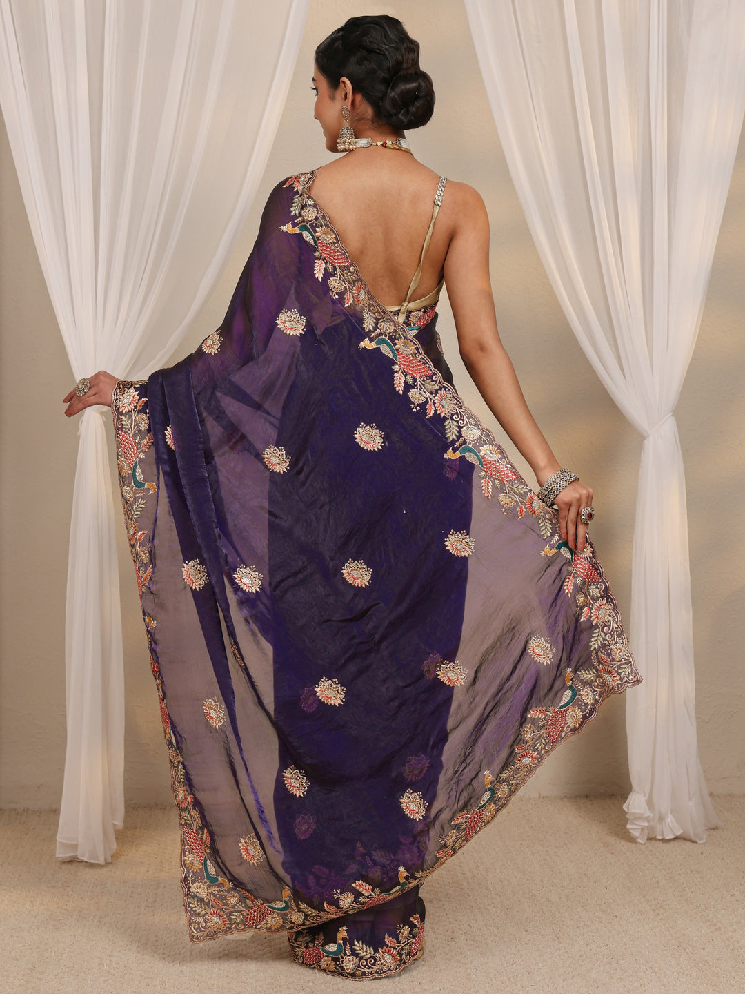  Purple Ethnic Embroidered Tissue Saree With Unstitched Blouse Piece 