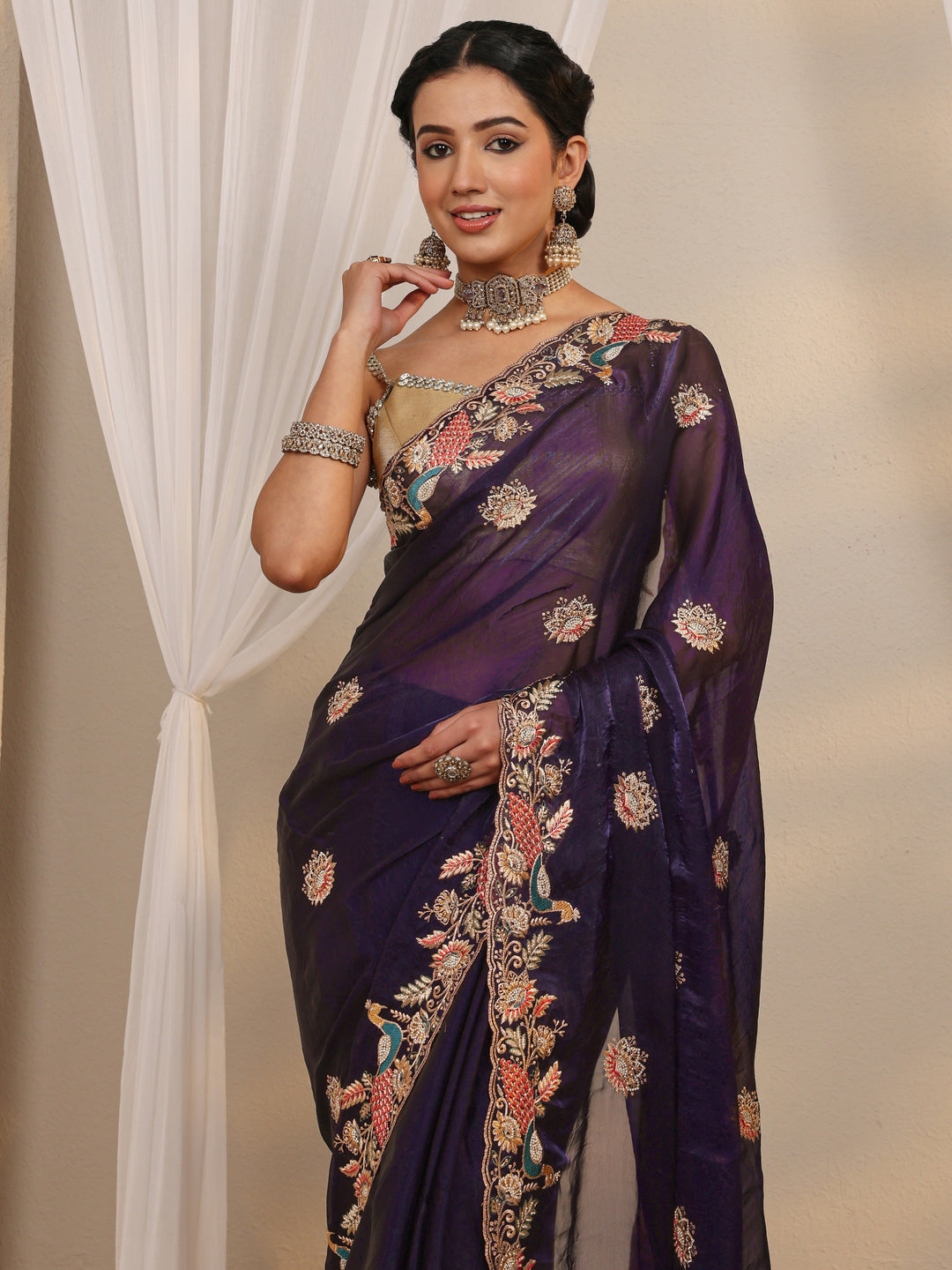 Purple Ethnic Embroidered Tissue Saree With Unstitched Blouse Piece 