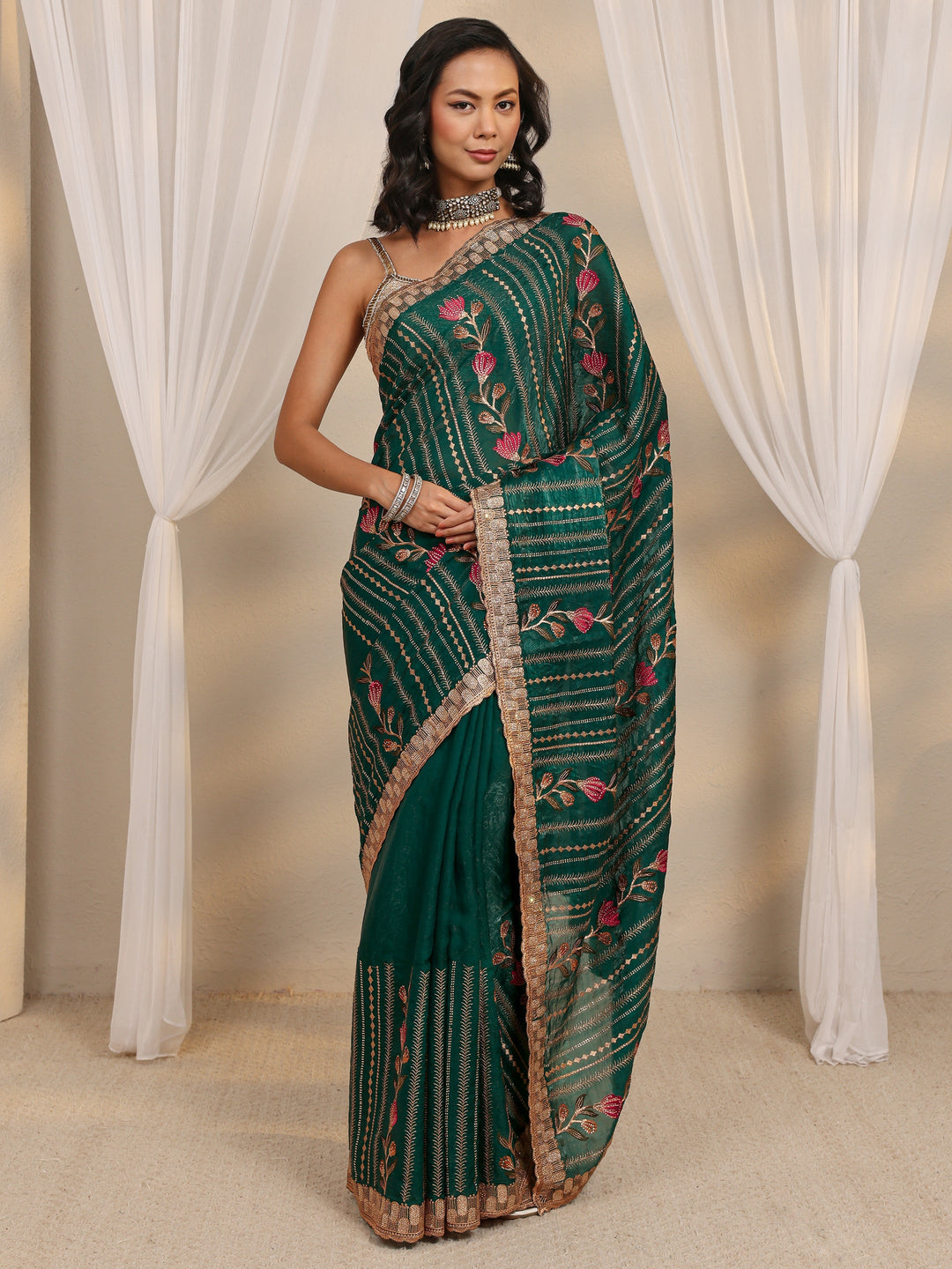  Green Floral Embellished Tissue Saree With Unstitched Blouse Piece 
