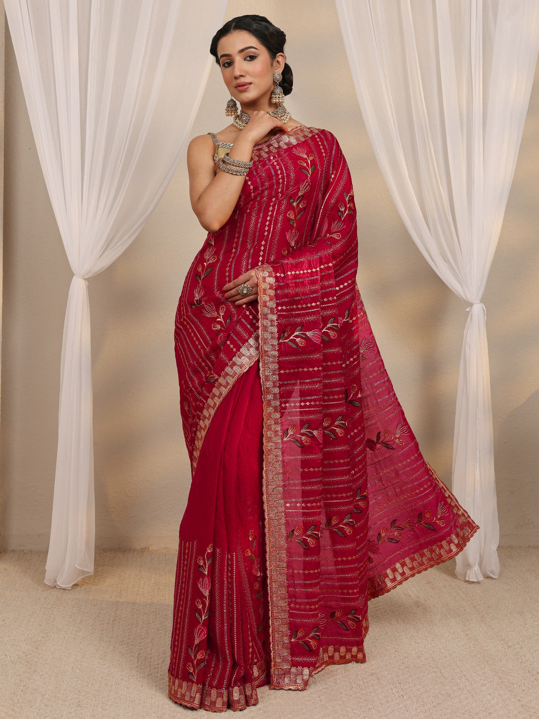  Burgundy Ethnic Embroidered Tissue Saree With Unstitched Blouse Piece 