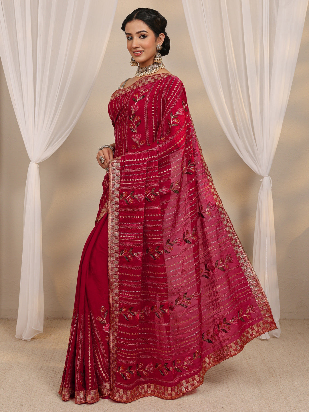  Burgundy Ethnic Embroidered Tissue Saree With Unstitched Blouse Piece 