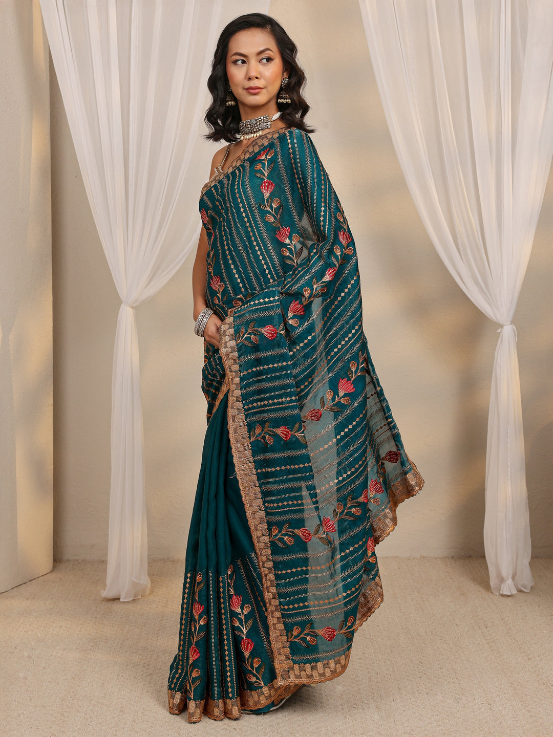  Blue Floral Embellished Tissue Saree With Unstitched Blouse Piece 