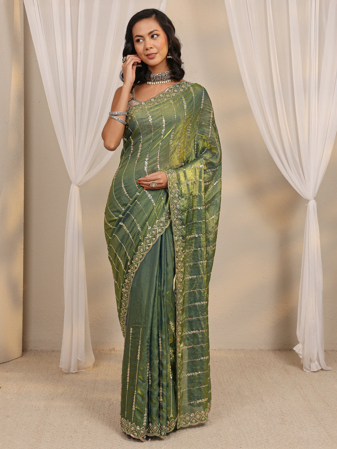  Green Embellished Tissue Saree With Unstitched Blouse Piece 
