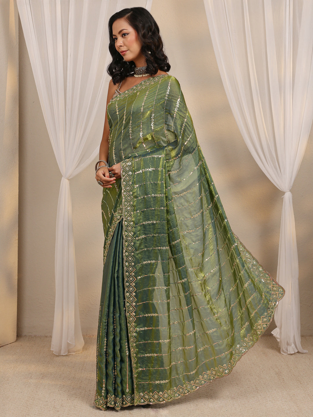 Green Embellished Tissue Saree With Unstitched Blouse Piece 
