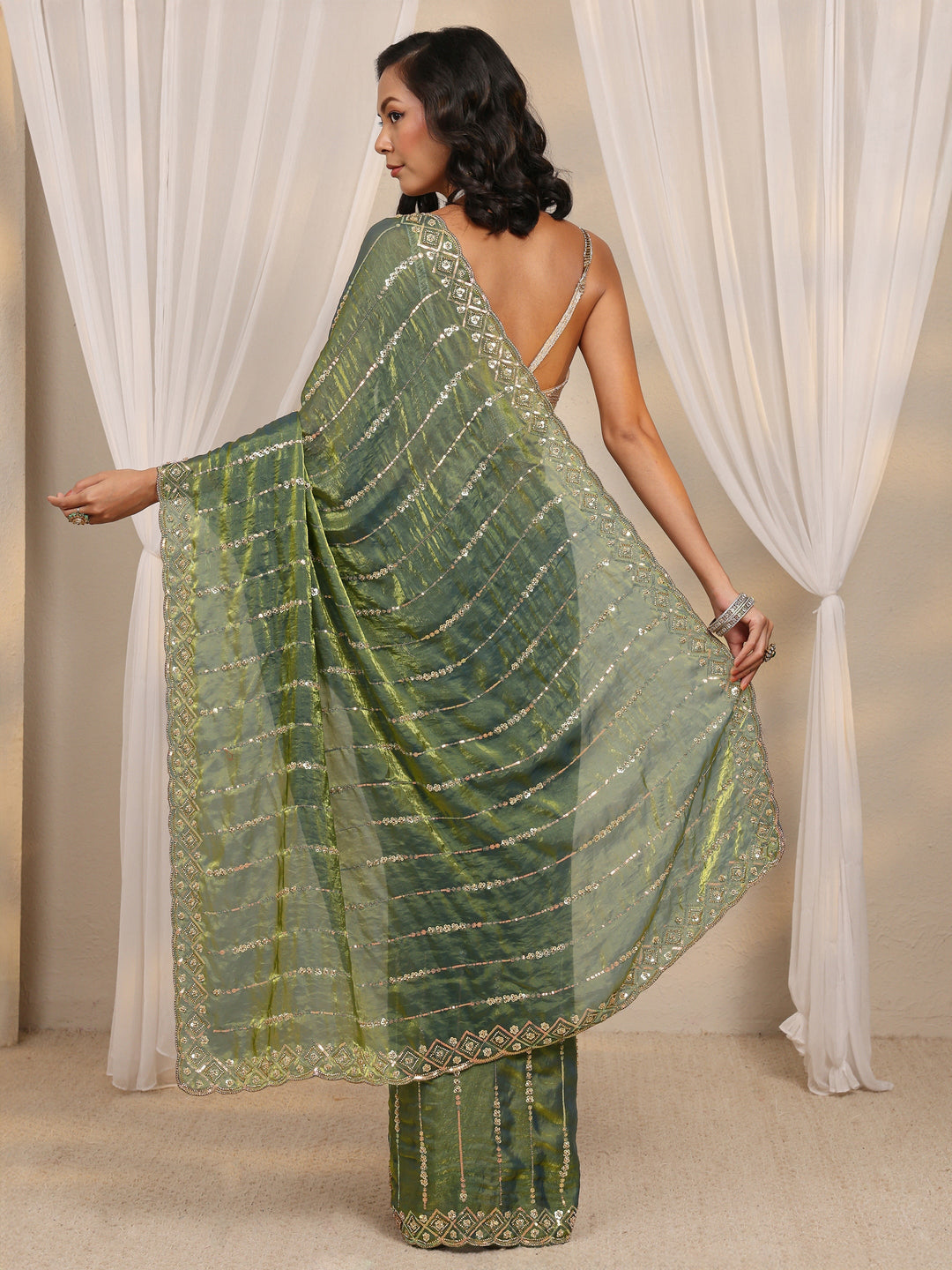  Green Embellished Tissue Saree With Unstitched Blouse Piece 