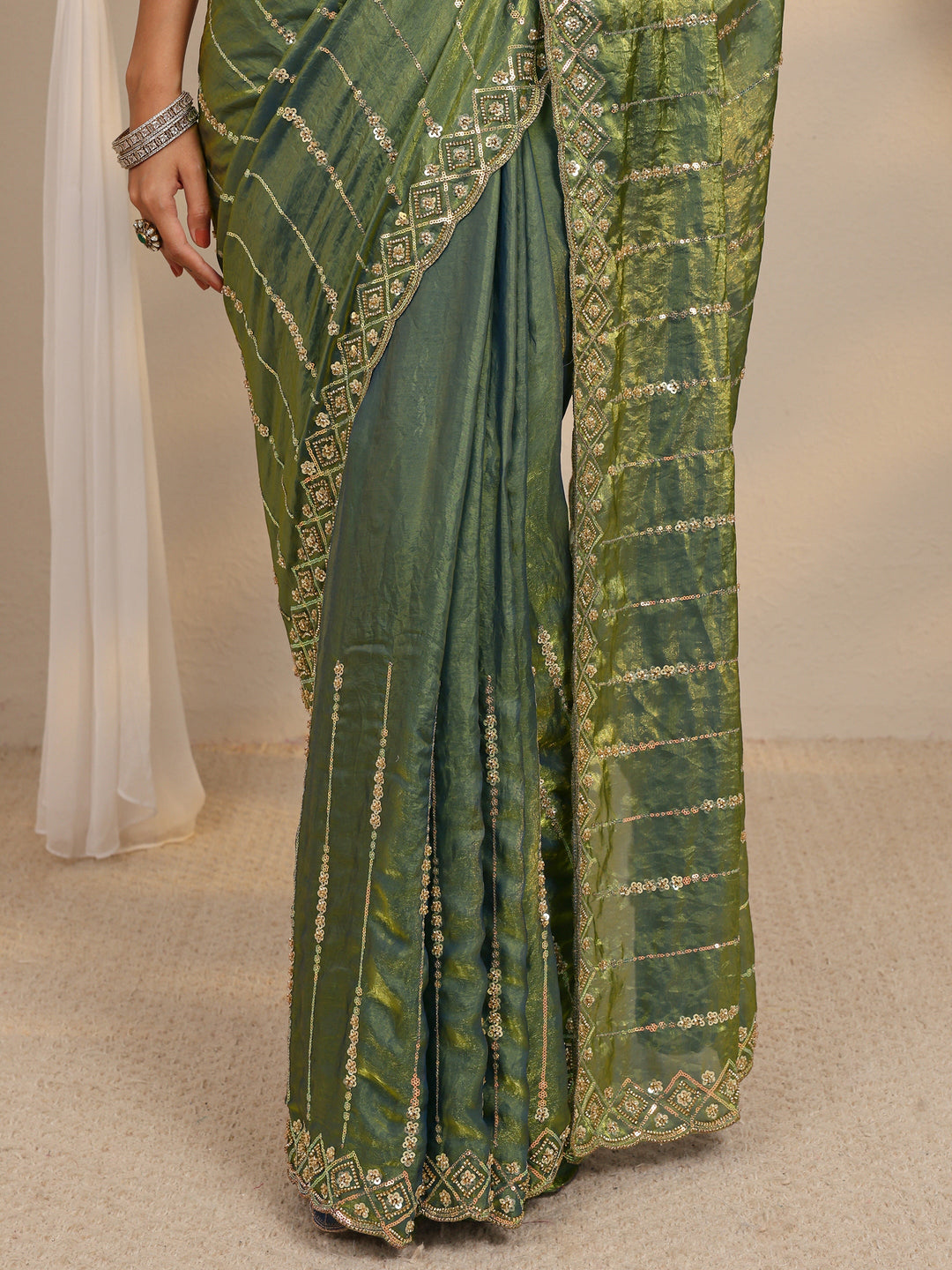  Green Embellished Tissue Saree With Unstitched Blouse Piece 