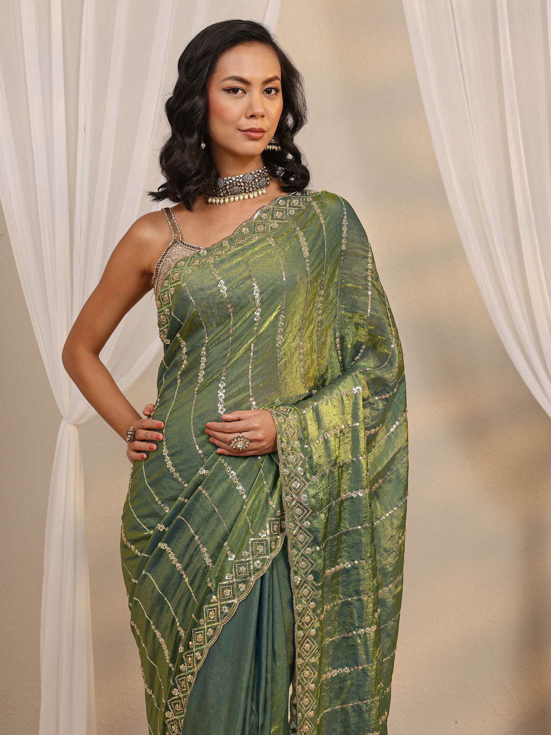  Green Embellished Tissue Saree With Unstitched Blouse Piece 
