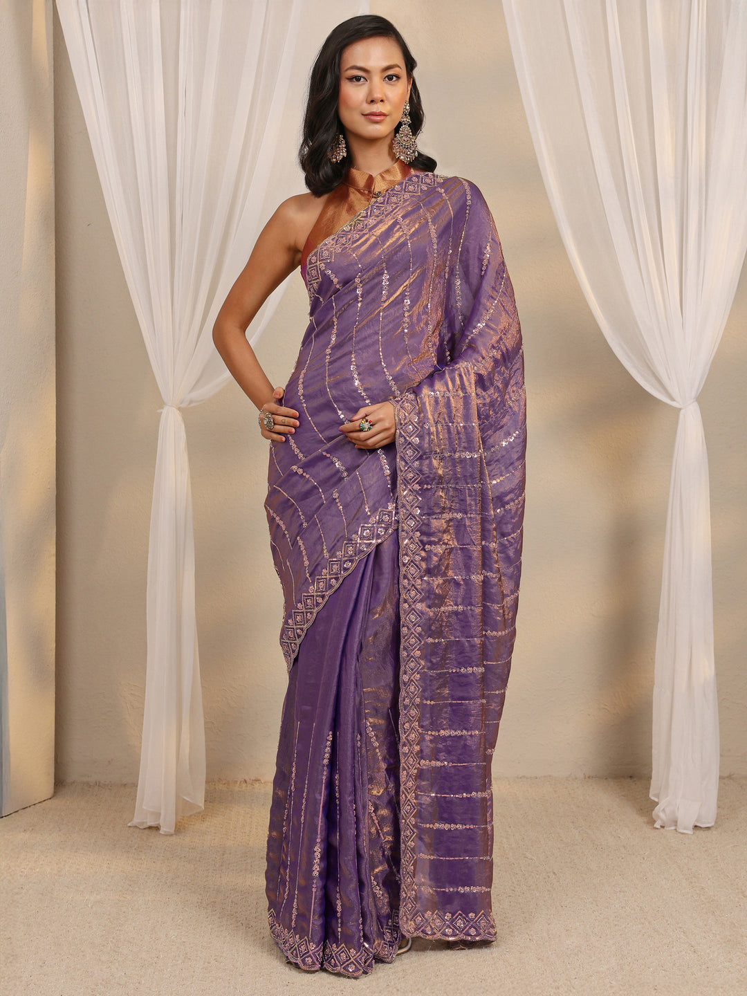  Lavender Embellished Tissue Saree With Unstitched Blouse Piece 