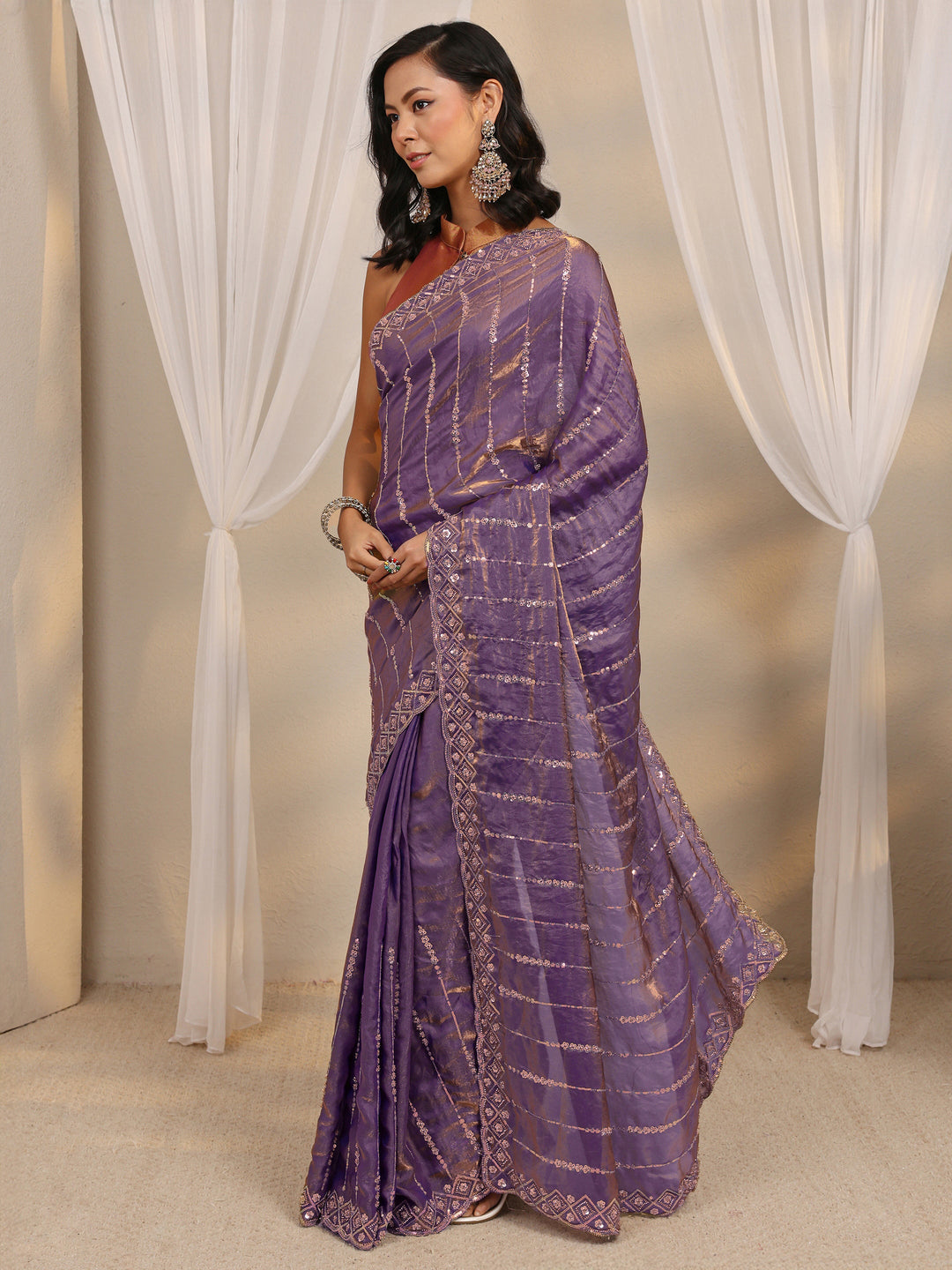  Lavender Embellished Tissue Saree With Unstitched Blouse Piece 