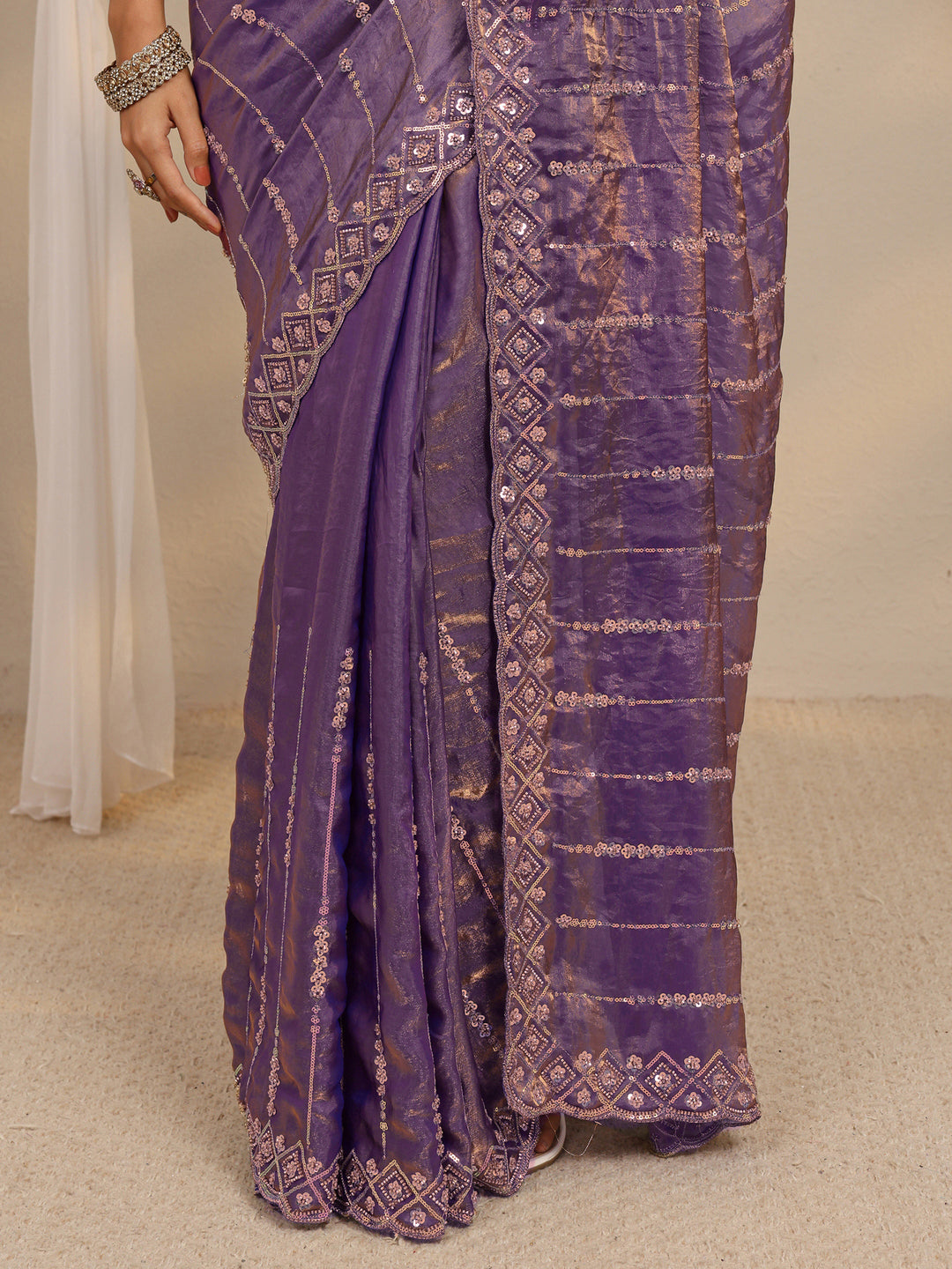  Lavender Embellished Tissue Saree With Unstitched Blouse Piece 