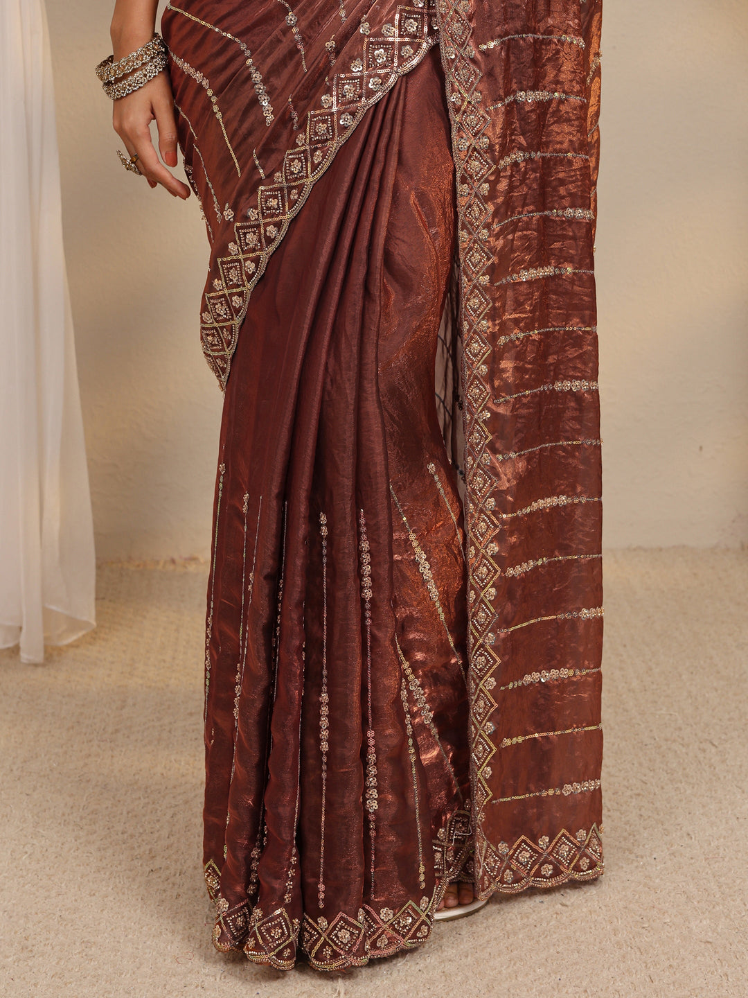  Brown Embellished Tissue Saree With Unstitched Blouse Piece 