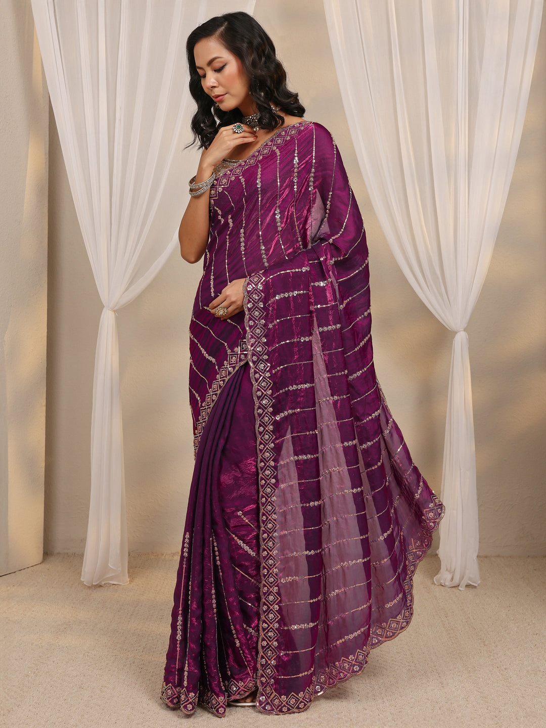  Purple Embellished Tissue Saree With Unstitched Blouse Piece 
