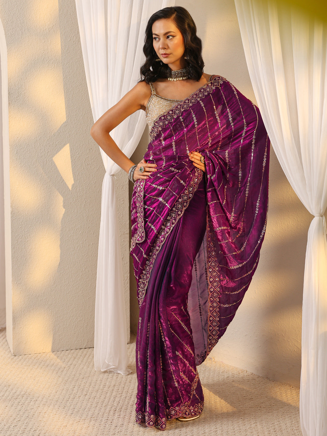  Purple Embellished Tissue Saree With Unstitched Blouse Piece 