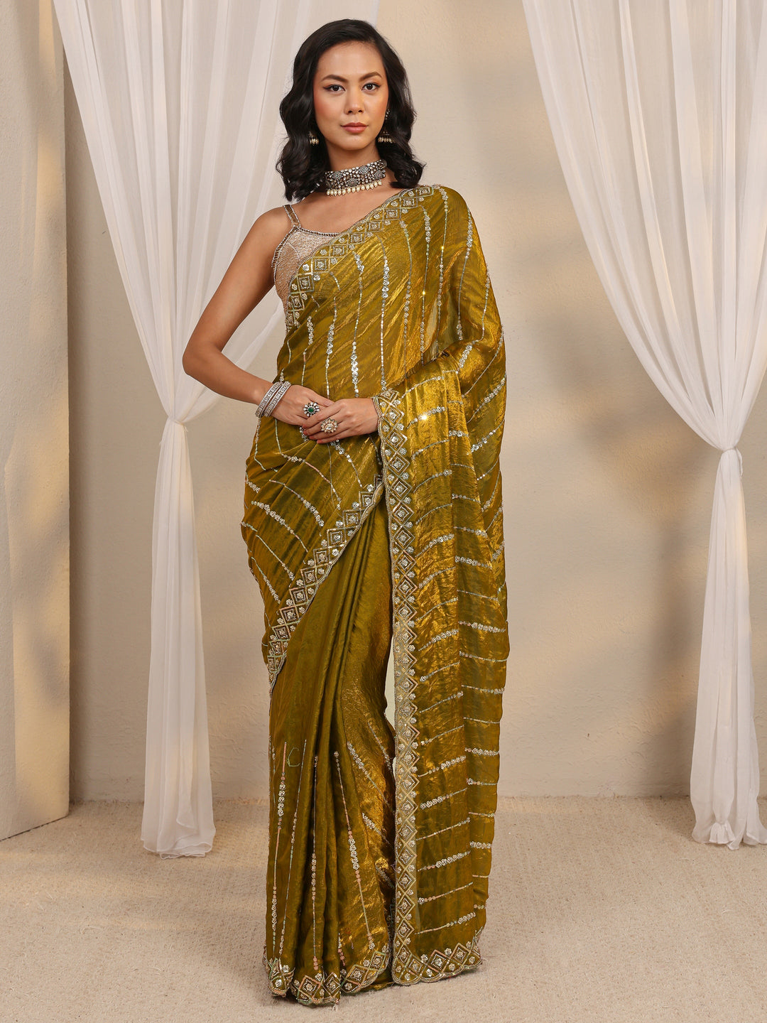  Green Embellished Tissue Saree With Unstitched Blouse Piece 