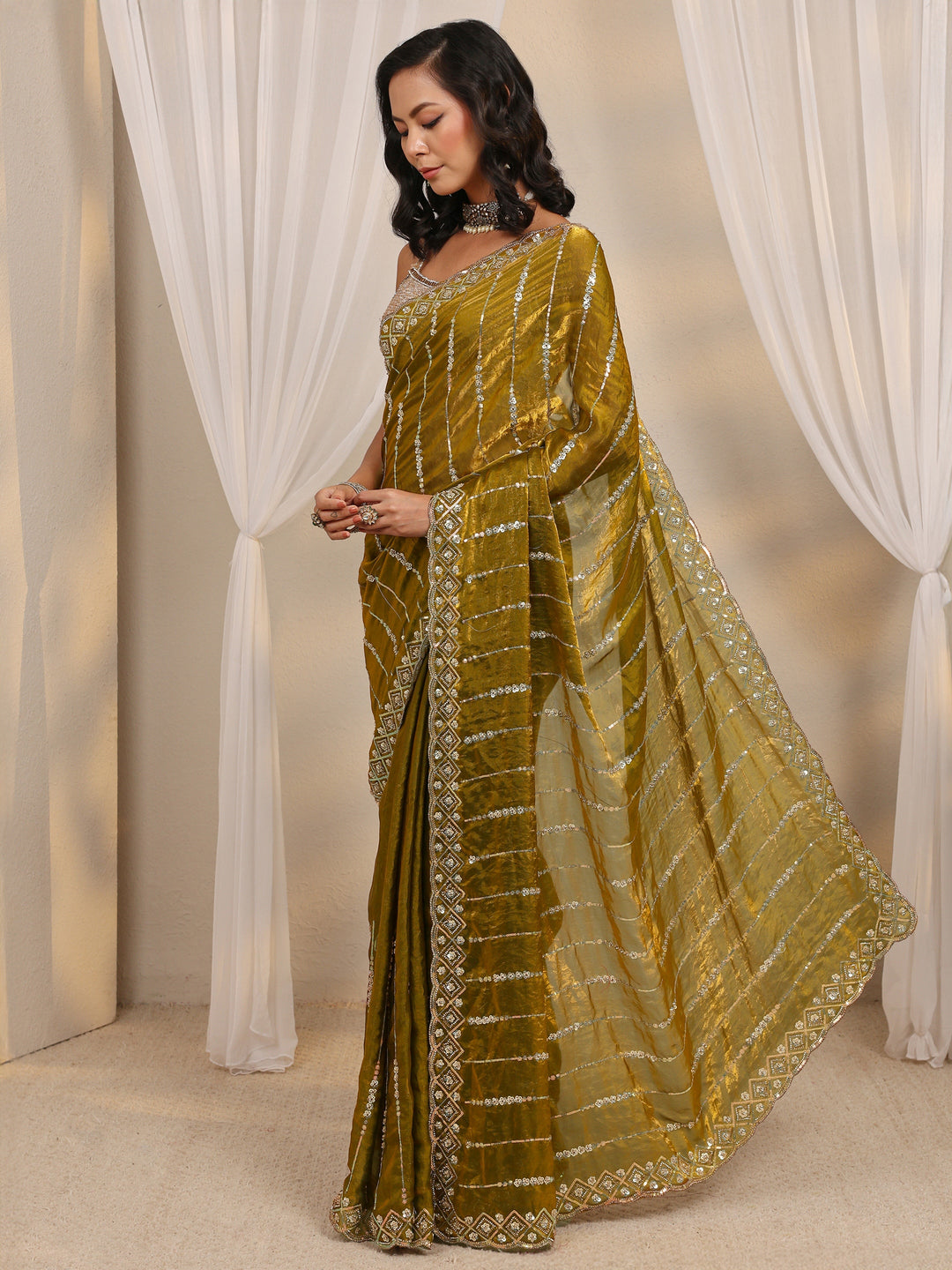  Green Embellished Tissue Saree With Unstitched Blouse Piece 