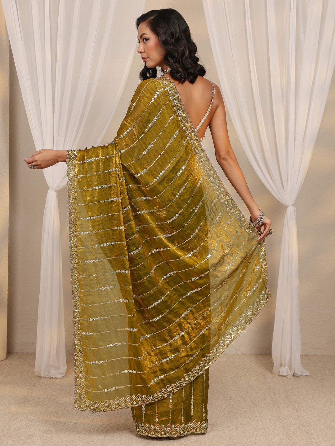  Green Embellished Tissue Saree With Unstitched Blouse Piece 