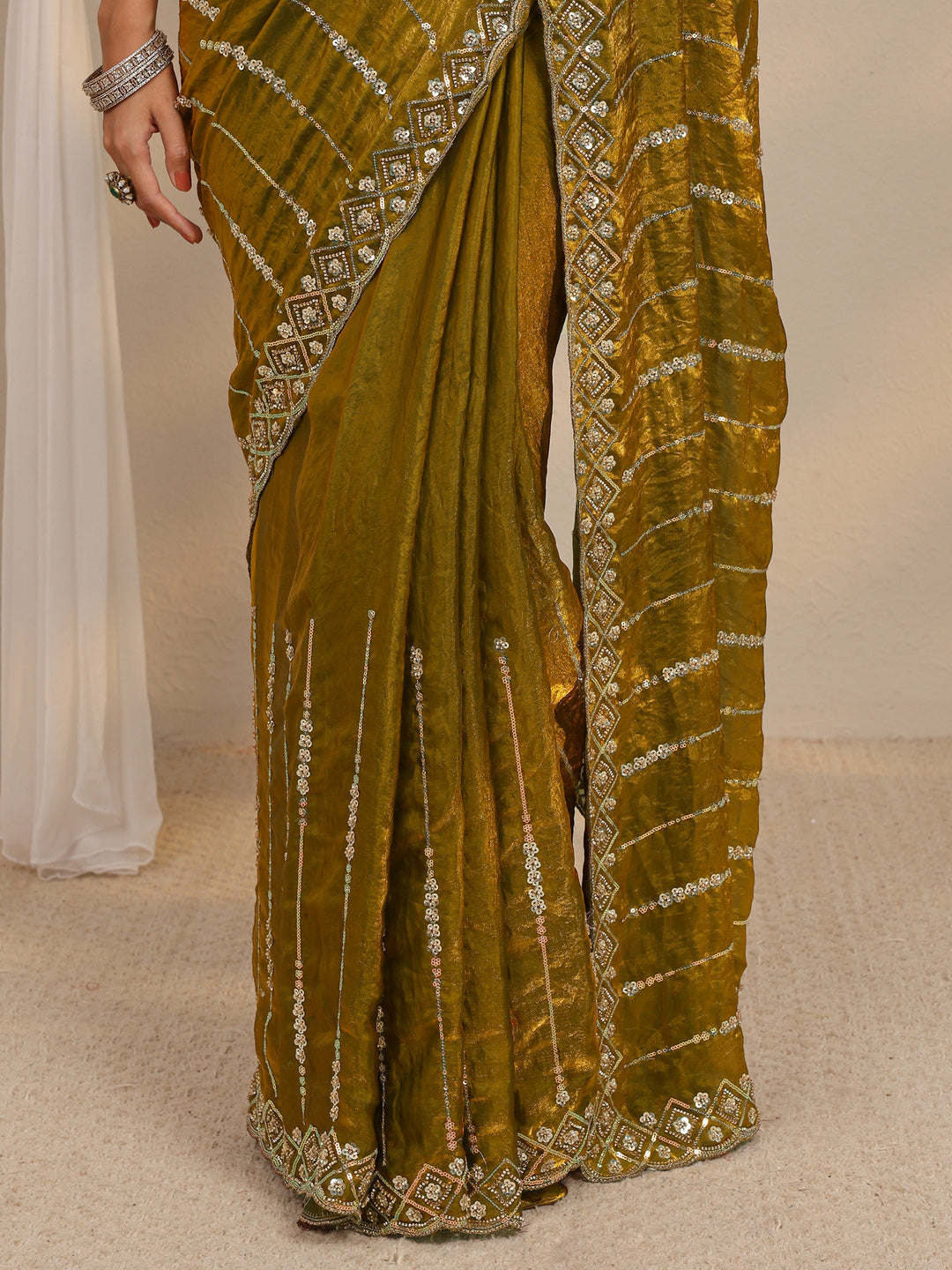  Green Embellished Tissue Saree With Unstitched Blouse Piece 