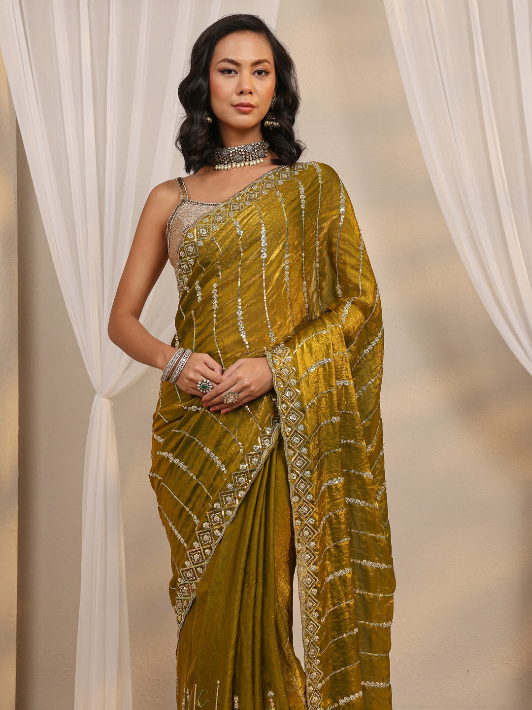  Green Embellished Tissue Saree With Unstitched Blouse Piece 