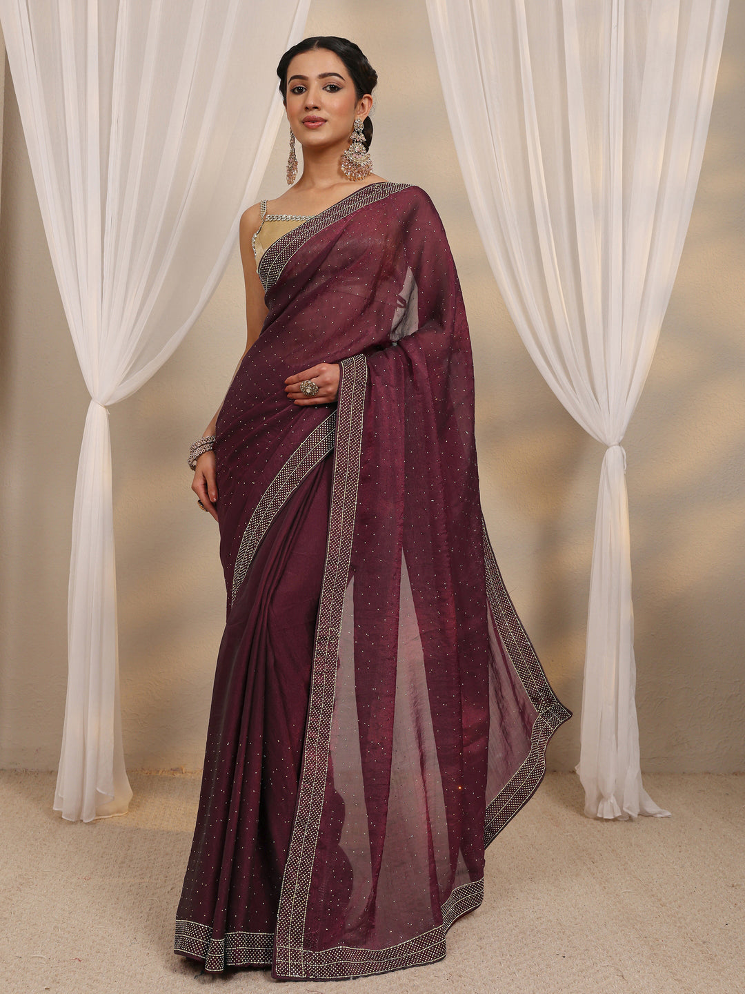  Maroon Embellished Tissue Saree With Unstitched Blouse Piece 