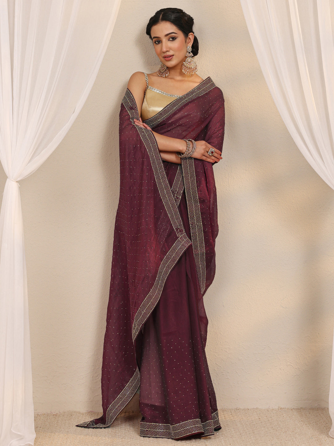  Maroon Embellished Tissue Saree With Unstitched Blouse Piece 