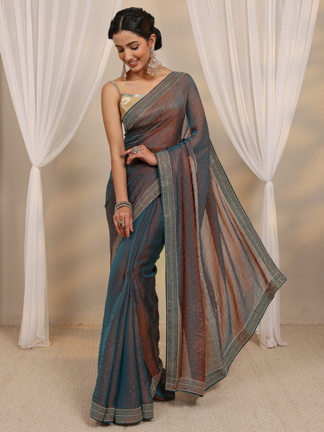  Blue Embellished Tissue Saree With Unstitched Blouse Piece 