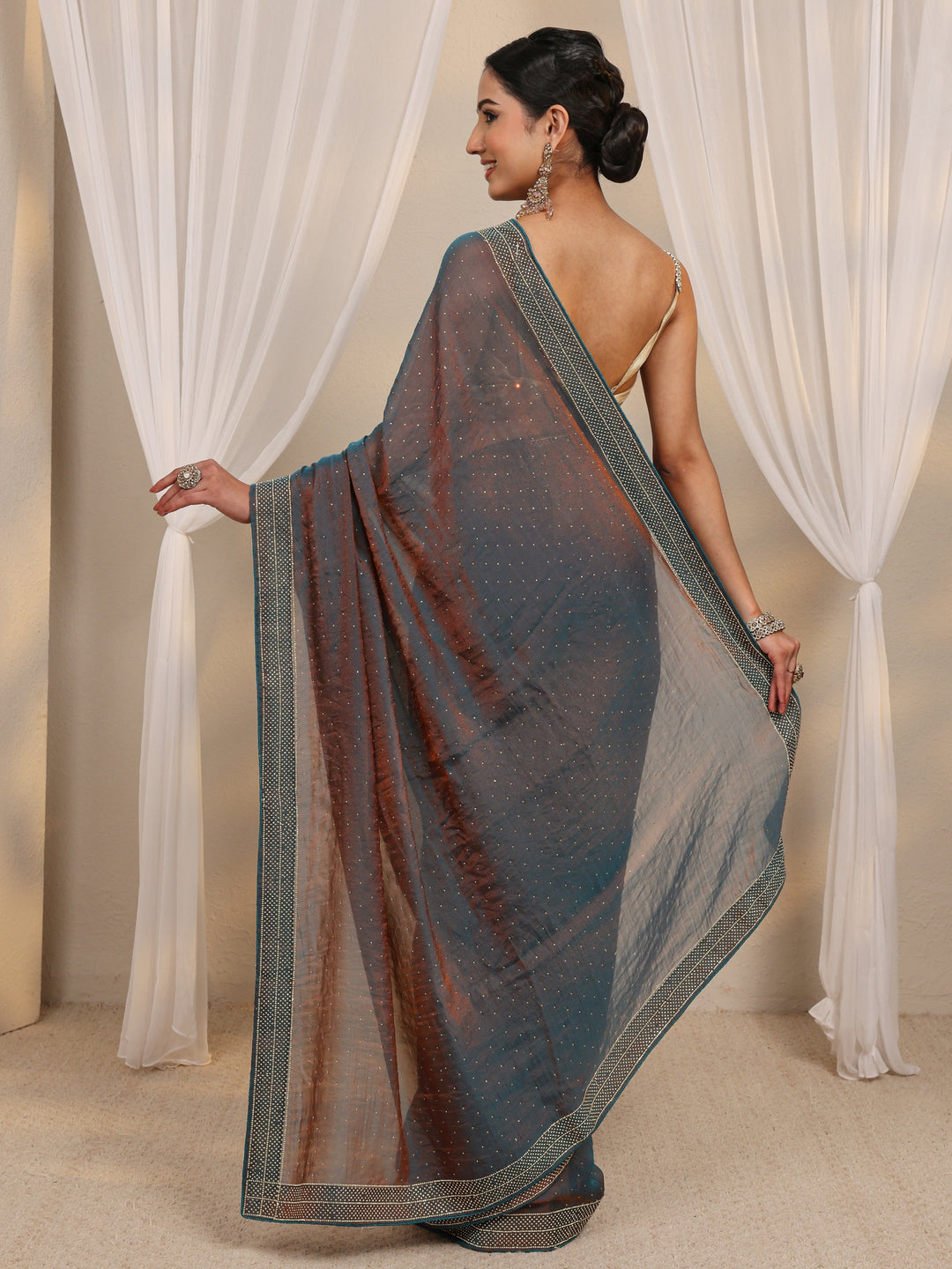  Blue Embellished Tissue Saree With Unstitched Blouse Piece 